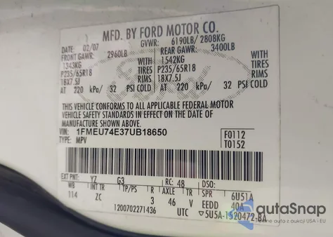 2007 Ford Explorer Eddie Bauer z USA, uszkodzony, nr VIN 1FMEU74E37UB18650